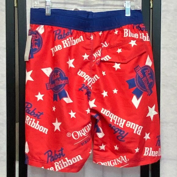 Pabst Blue Ribbon Beer Men's Swim Trunks Board Shorts 20" Red Blue White NWT - Picture 2 of 11